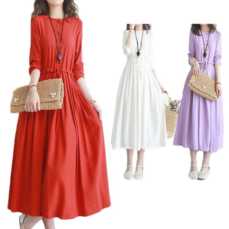 レディース ワンピース ロングワンピース Aライン 春夏用 コットン ミモレ丈 膝下 ゆったり 無地 長袖 ウエスト紐 フロントボタン おでかけ シン