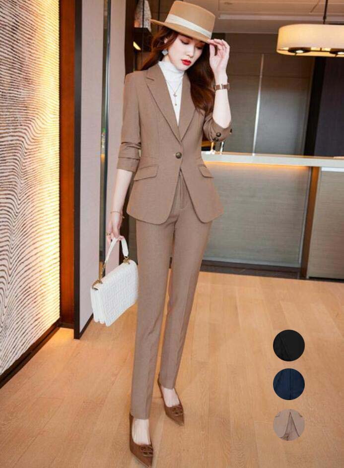 パンツスーツ 上下セット 無地 おしゃれ フォマール レディース 女性用 着痩せ スーツセット ２点セット 秋冬 ズボン ネイビー ブラック カーキ 通勤 宴会 パーティー エレガント お呼ばれ 冠婚