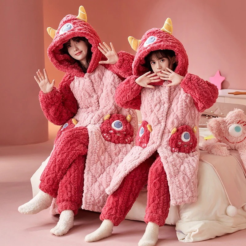通学 女の子パジャマ冬の珊瑚絨毯3層厚めカートゥーンフランネル長親子服綿入りスリーパー部屋着 保育園 小学部