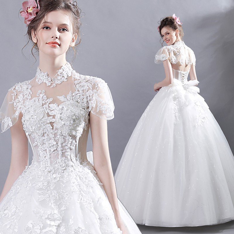 ウェディングドレス 花嫁 半袖 ウエディングドレス ブライダル 白 レーススカート 結婚式 プリンセスラインドレス 二次会 パーティードレス