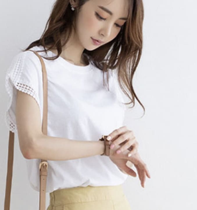 トップス Tシャツ カットソー タンクトップ 白シャツ 白トップス 袖あり 半袖 ドルマンスリーブ ドロップショルダー ラウンドネック ワイド レース 伸縮性 綿 かわいい 大人可愛い シンプル