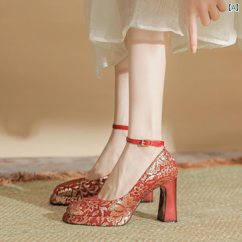 【大人気 急速出荷】ヒール レディース パンプス 美脚 レッド メリージェーン 結婚式 靴 厚手 ヒール スクエアトゥ ワン バックル 防水 靴 中国 ブライダル ハイヒール