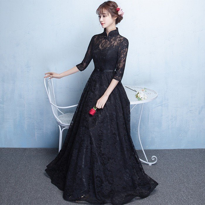 パーティードレス 結婚式 ロングドレス 二次会ドレス レースアップ パーティドレス 黒ドレス お呼ばれ 忘年会 立ち襟 ドレス 袖あり ウェディングドレス