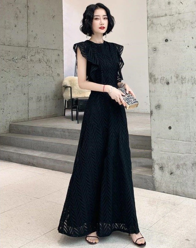 パーティードレス ロング ロングドレス 結婚式 お呼ばれドレス 黒 赤 白 総レース 袖あり 大きいサイズ 3L 4L 小さいサイズ Aライン フレア フリル袖 韓国