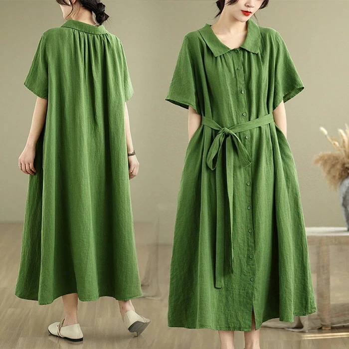 【20点セット】無料シャツワンピース リネン ワンピース レディース 半袖 スタンドカラー シャツワンピ ロング 綿麻風ワンピース ミモレ丈 無地 Aライン シンプル ゆったり 大きいサイズ 着痩せ