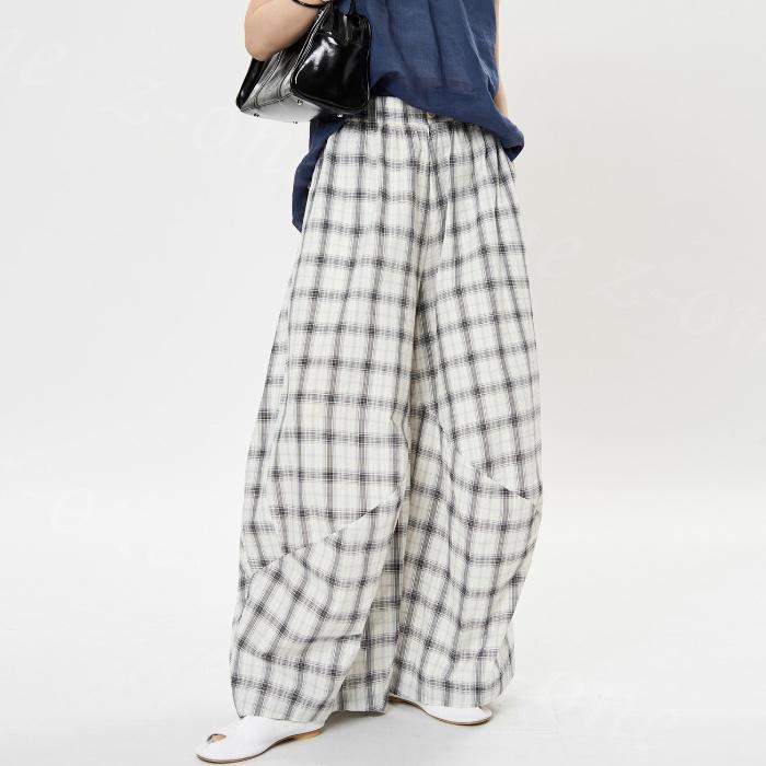 ワイドパンツ チェック レディース 夏 春 ルーズフィット カジュアル 体型カバー 美脚効果 高ウエスト 韓国風