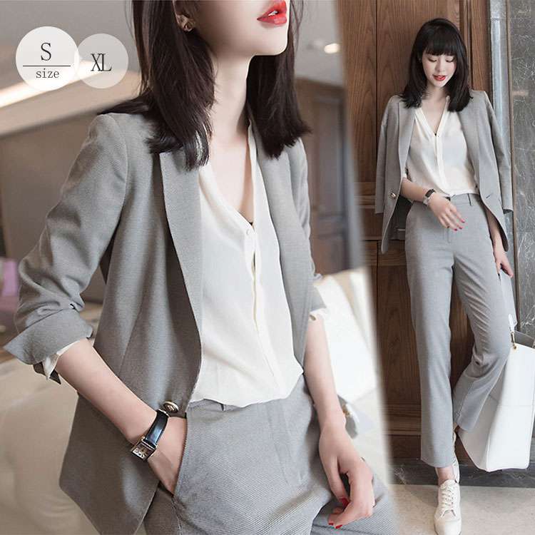 韓国ファッション レディース スーツ パンツスーツ 大人 おしゃれ 通勤 フォーマル オフィス カジュアル 秋 冬 春 ジャケット セットアップ カジュアルスーツ 2点セット パンツ S～4XL シン