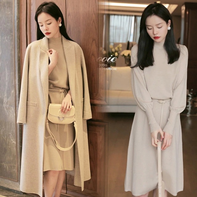 ニットワンピース ハイネック ベージュ 30代 40代 優雅 エレガント ニットワンピース ウール 上品 大人 ロングワンピース ニット 黒 カーキ Aラインワンピース ニットワンピー 無地 パフスリ