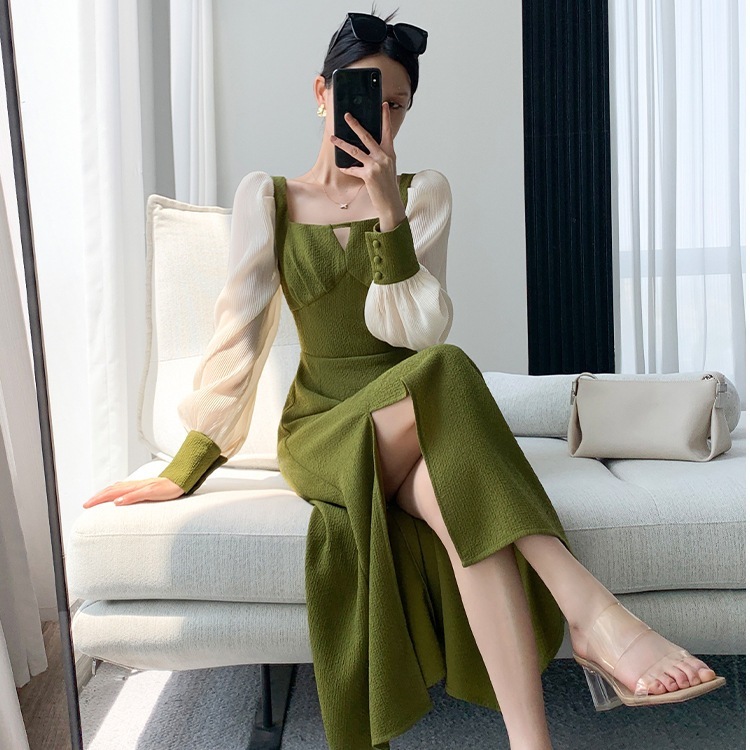 グリーンワンピースレディース5初秋スクエアネックフレンチウエストスリットスリムパフスリーブミドル丈スカート