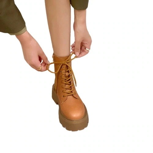 【急速出荷!】べき乗は本革厚底増高女性中筒レトロサイドジップ英倫ブラウンショートブーツ