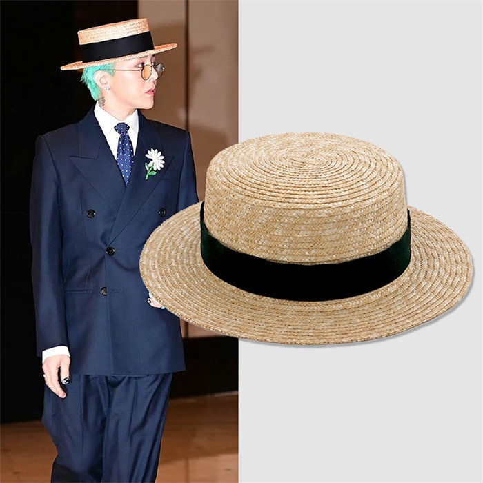 【GDスタイル】フレンチリボン付きサンハット - ヴィンテージ風平型ハット 夏用ビーチ帽子 軽量 UVカット 男女兼用
