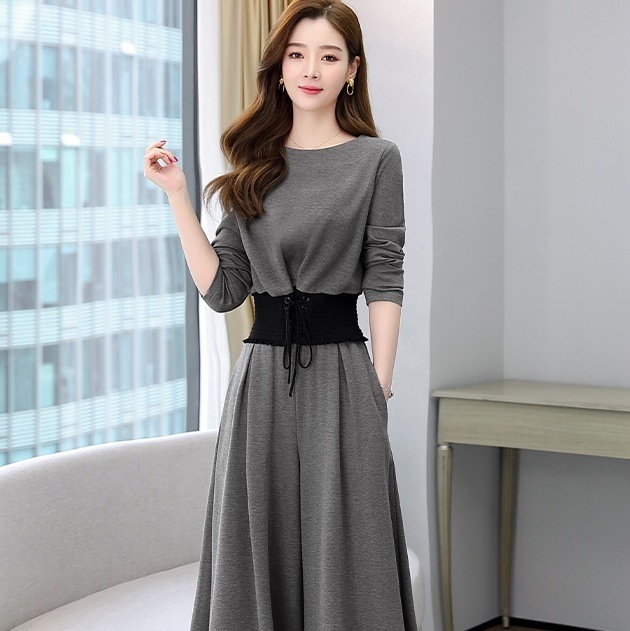 セットアップ カットソー ワイドパンツ ロング ロング丈 マキシ マキシ丈 袖あり 長袖 フレア ベルト ウエストマーク 上下セット 2点セット ツーピース きれいめ 大人 大人女子 こなれ感 クール