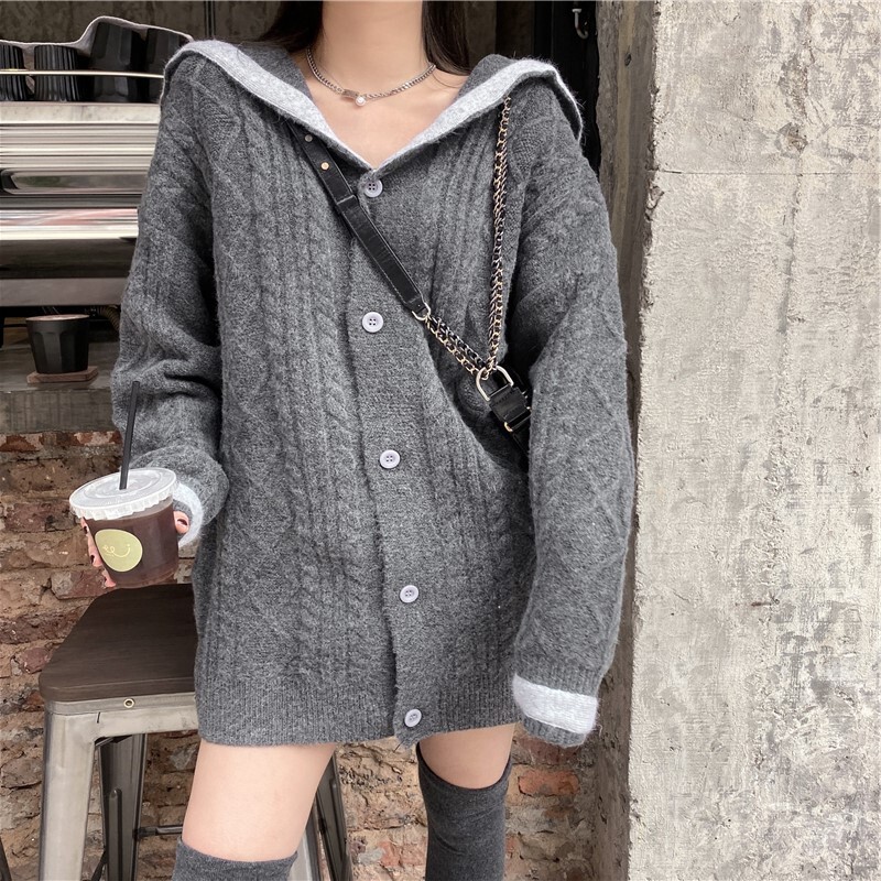 オーバーサイズ 配色ライン入り セーラーカラー ダイヤ編み切り替え チュニック丈 トップス セーター