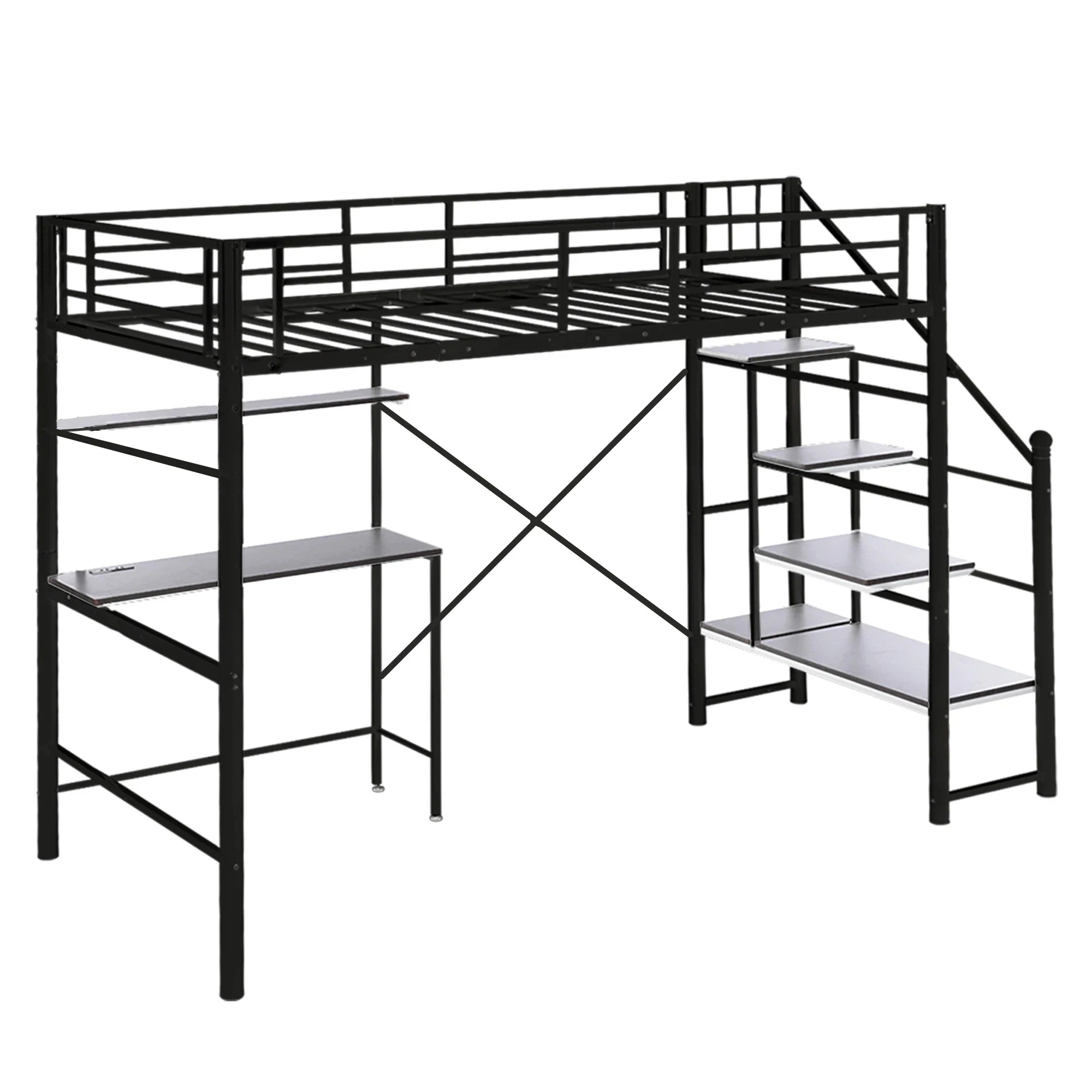 【国内発送A】ロフトベッド シングル 階段付き パイプベッド デスク付き 北欧風 コンセント付き 収納 子供ベッド 耐震 ベッド パイプ 金属 昇降らくらく 高さ170cm 耐荷重150kgGG476