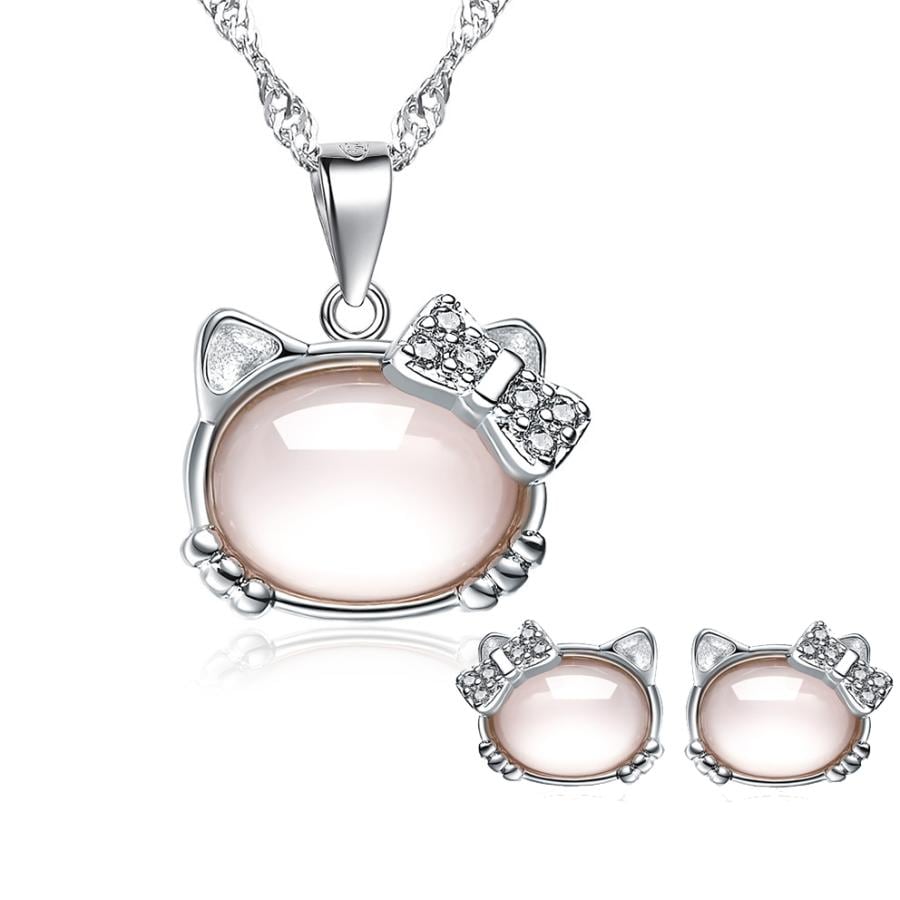 大粒ローズクォーツ キティちゃん ペンダント ネックレス ピアス セット 925シルバー ピンク 七五三結婚式ウエディング 猫 ネコ ホワイトディー　無料ギフトラッピング 記念日