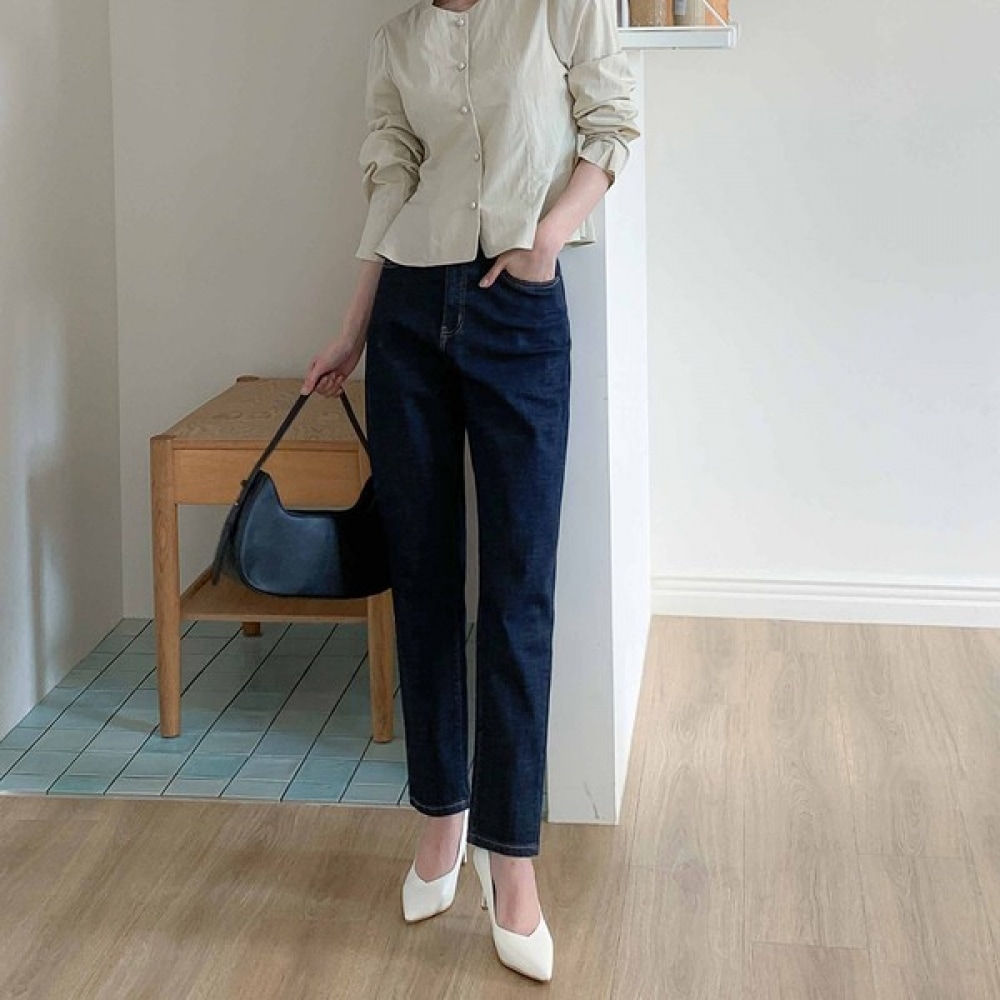 (Jinmania) ダークブルーデイリーヒドゥンバンディングバギーデニムパンツ