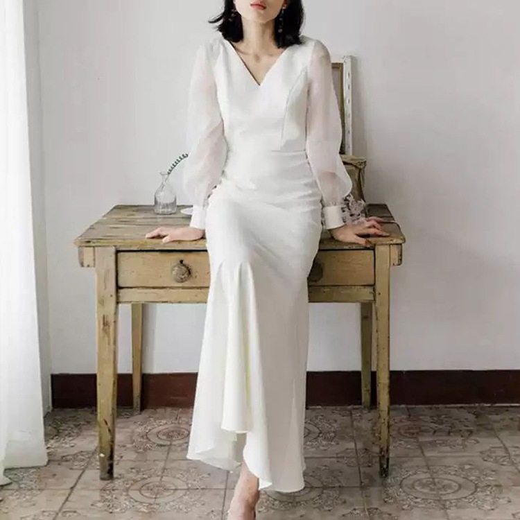 Vネック 長袖 ウェディングドレス パーティードレス レディース ロングドレス ファスナー 透け感 きれいめ シンプル 上品 エレガント ラグジュアリー 無地 秋 謝恩会 結婚式 花嫁 発表会