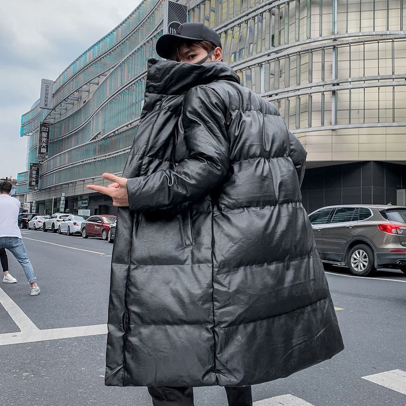 2025INS大人気 新作 メンズ 厚手 保温 スタンドカラー ロング丈 中綿ジャケット ファッション PU ブラック ダウンコート