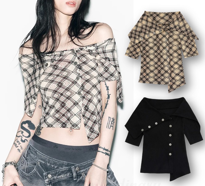 [YEEL] ASYMMETRIC OFF-SHOULDER BUTTON TOP