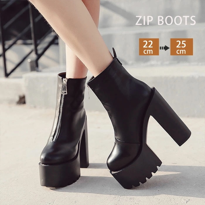 痛くない ハイヒール 疲れない 前ジッパー 美脚 身長アップ ゴシック 通学 通勤 ファスナー レディース 厚底ブーツ 安定感 厚底靴 モード系 細見せ ゴスロリ チャンキーヒール シューズ ロリータ