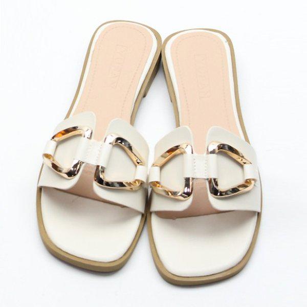 [シューズ] スクエアゴールド装飾 女性 レディース 夏 フラット スリッパ 2cm/2color smj312