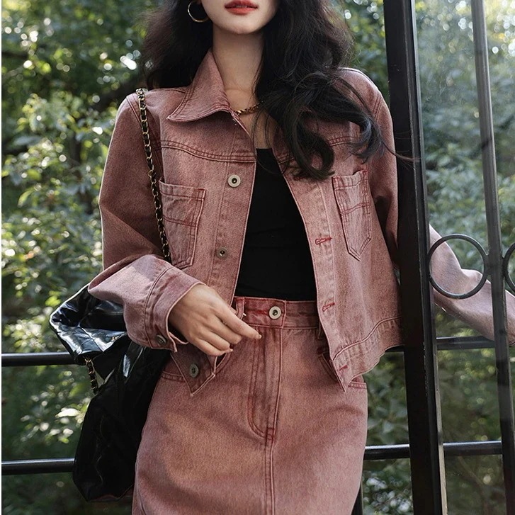 ジャケット デニム セットアップ 韓国 ピンク デニム オーバーサイズ ワイドパンツ レディース デニムジャケット 上下セット ストレート アウター Gジャン 羽織り 学生 上下セットカジ