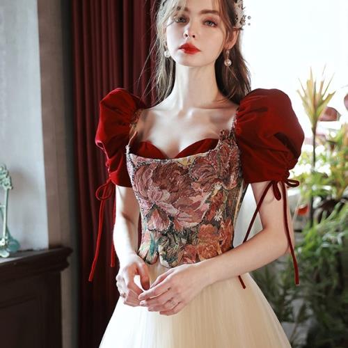 格安販売中カクテルドレス パーティードレス ロングドレス ワンピース 韓国 花柄 スクエアネック 春 夏 秋 冬 半袖 ロング フレア おしゃれ 可愛い 袖あり シフォン パフスリーブ パワショル レ