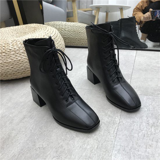 【取寄：納期2週間】ショートブーツ レディース ブーツ 靴 シューズ 太ヒール ヒール レースアップ 編み上げ 紐靴 黒 ブラック バックジッパー ラウンドトゥ レザー 牛革 カジュアル