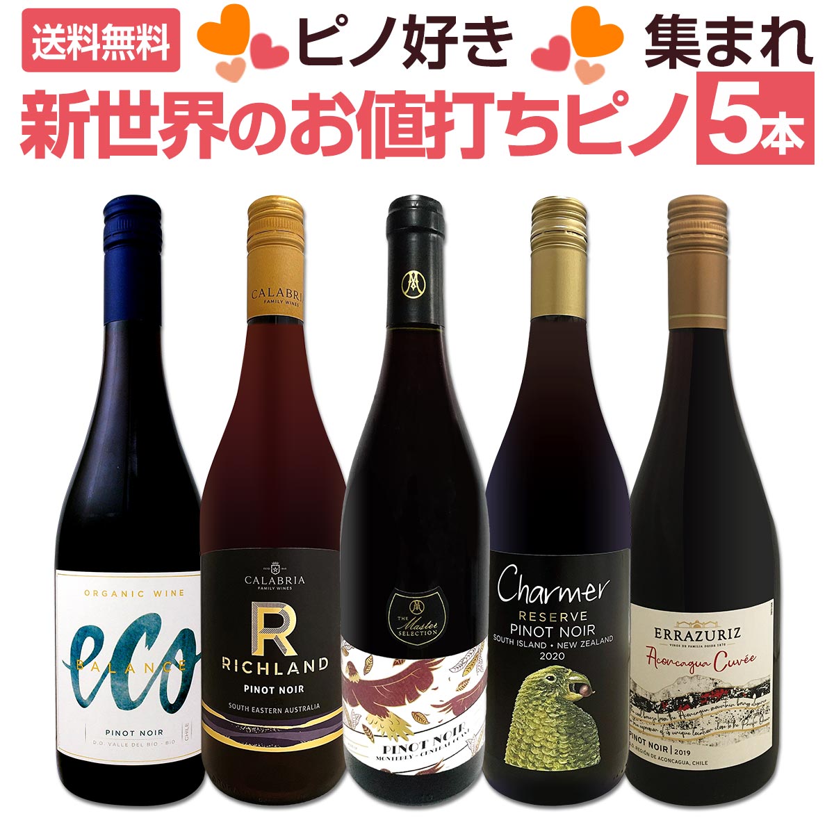 【送料無料】ピノ好き集まれ！マスター・オブ・ワイン監修のカリフォルニア・ピノも登場！新世界のお値打ちピノ５本セット！【クール便希望の場合は330円をお選びください】