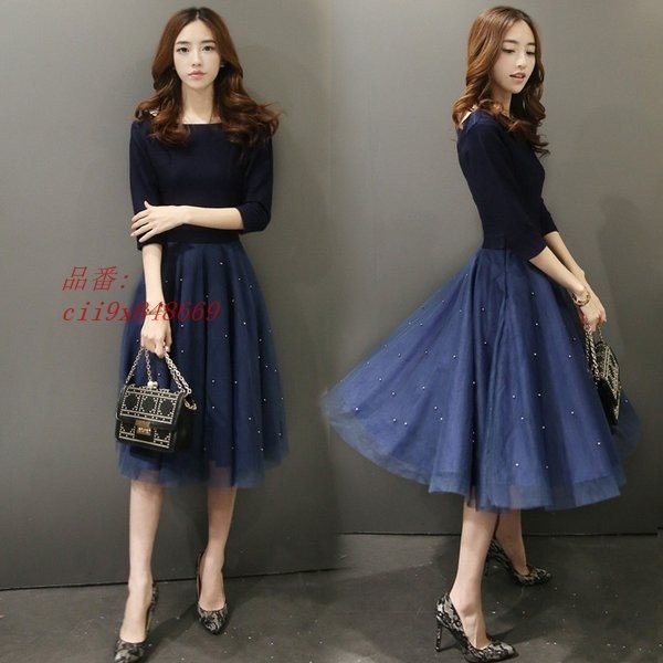 レディース ワンピース ドレス チュール 膝丈ワンピース ボートネック ドレスワンピース 七分袖 5,471円