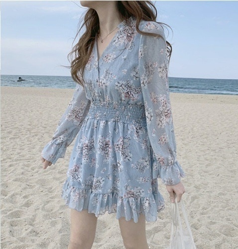 2色 ワンピース 長袖 春夏 かわいい フォーマル aライン aライン Aライン フレア 膝丈 ひざ丈 膝上 ボリューム袖 ボリュームスリーブ 袖コンシャス Vネック 深 Vネック 襟なし フレア セ