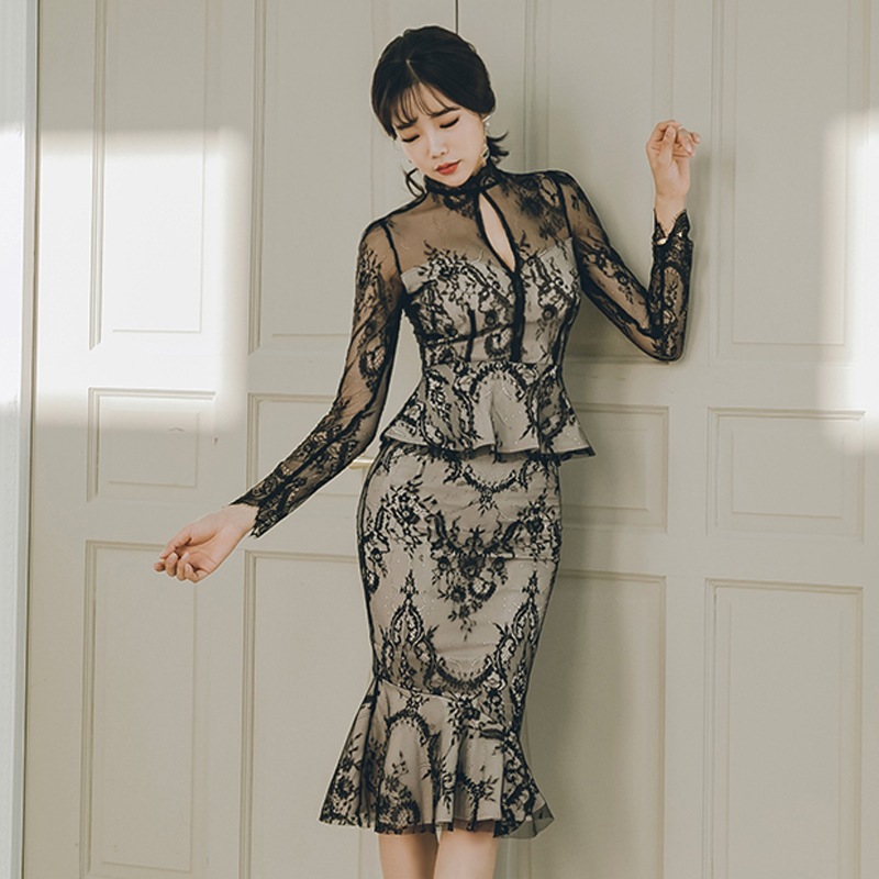 新作 秋 韓国 ツーピース風ヒップドレス 長袖 シアーレース 透け感 セクシー スタンドカラー