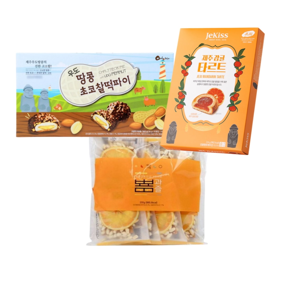 [Qoo10 限定セット] 韓国・済州島おみやげセット（みかんタルト + ウドピーナッツチョコもちパイ + ハンラボン菓子）