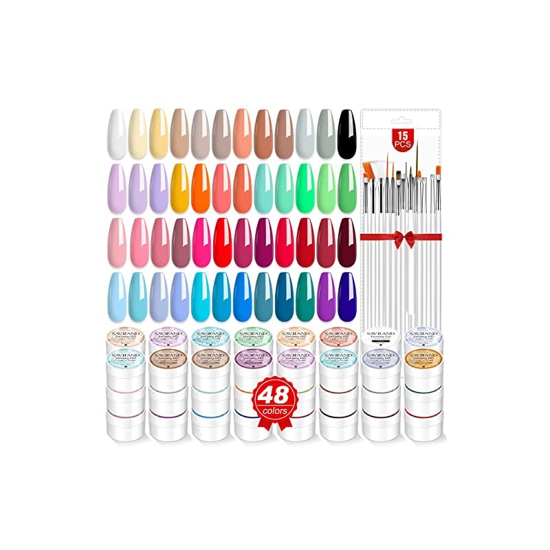 Saviland 48色ジェルネイルセット 15本のネイルブラシ付き カラージェル ネイルポリッシュセット DIYネイルアートデザイン ネイルサロン用の描画ネイル筆