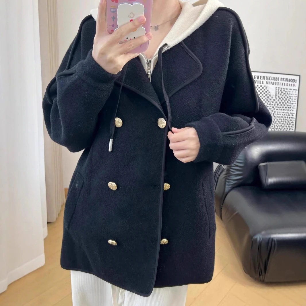 大人っぽチェスターコート 冬アウター 大きいサイズのフード付きコントラストカラーフェイクツーピースブレストコート秋冬韓国風ルーズスリムウールコート 韓国ファッション