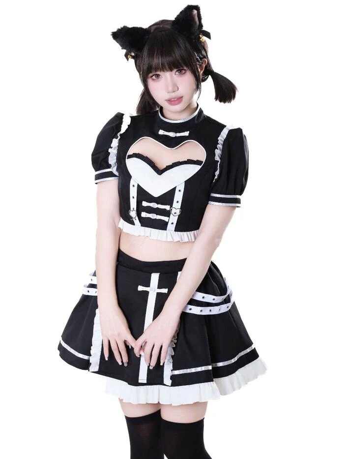 【急速出荷】メイド服 ゆめかわいい 中華風 トップス スカート セットアップ セクシー レディースチャイナメイド チャイナ服 ロリータ チャイナドレス メイド 十字架 ハート フリル 露出 セット コ