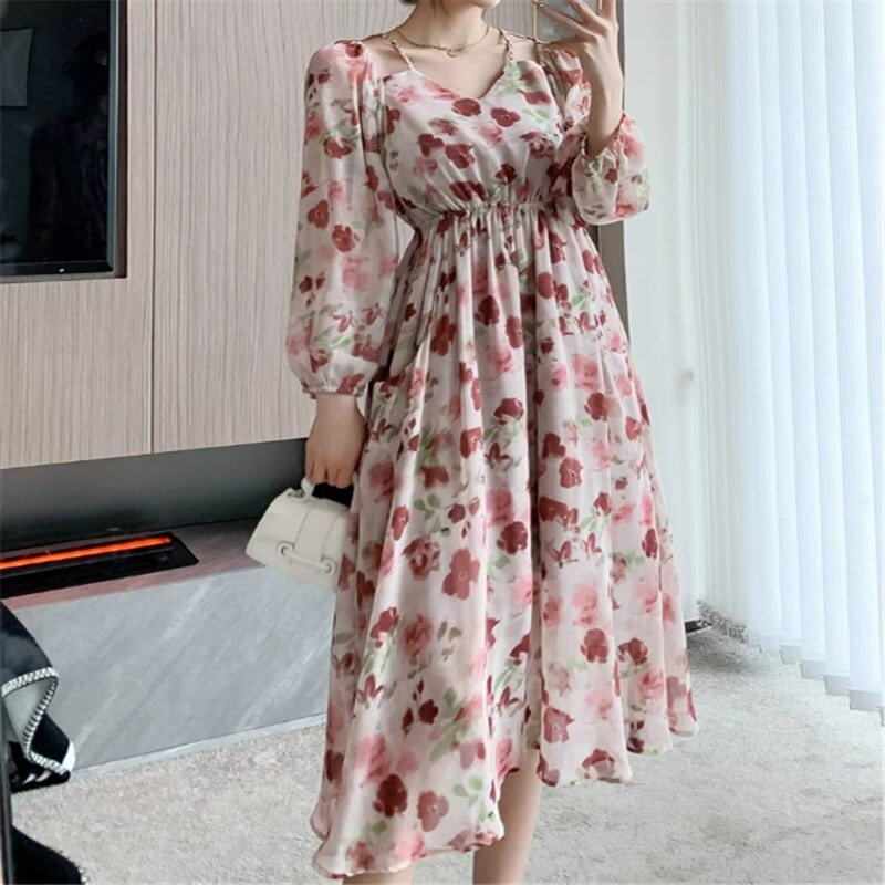 ワンピース ミモレ丈スカート ミモレ ミモレ丈 ミモレ丈ワンピース 袖あり 長袖 ランタンスリープ Vネック Aライン レギュラー ゴムウエスト シフォン かわいい 大人可愛い きれいめ シンプル