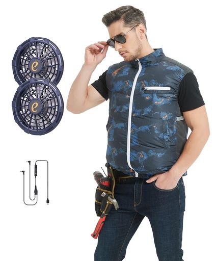 [AINOUTA] ファン付き作業ベスト ファンセット付き 大風量 3段階風量調節可能 長寿命 着心地快適 軽量·薄型化 静音 省エネー ファッション おしゃれ 猛暑対策(S,ネイビー迷彩)