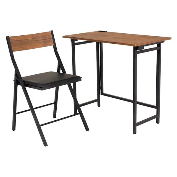 折りたたみデスクチェアセット ブラウン 2口コンセント付 組立品