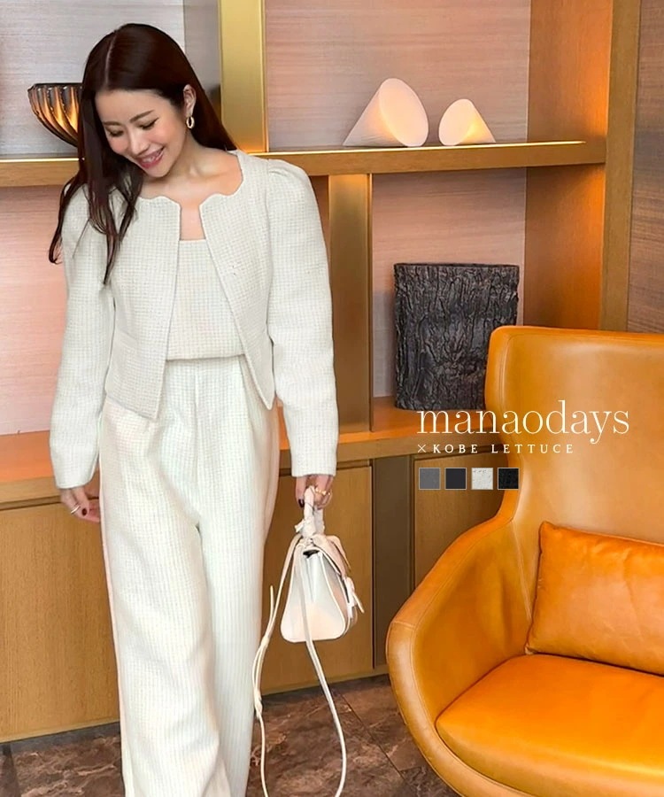 選べる2タイプ ジャケット レディース ツイード ショート丈 短丈 パワショル まな ノーカラー テーラード フェミニン きれいめ 上品 セレモニー オケージョン ママ オフィス オーバーサイズ 秋