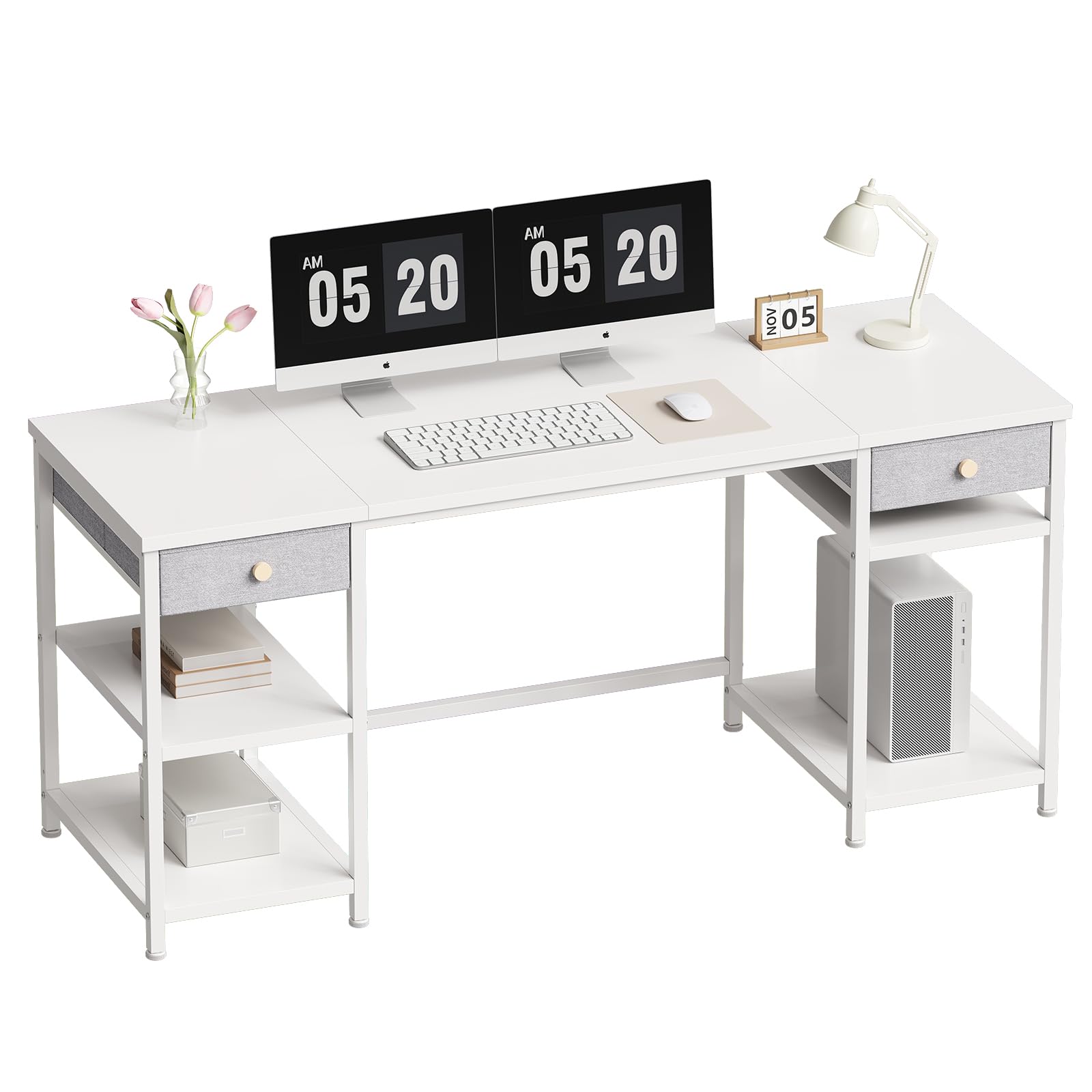 ゲーミングデスク デスク 机 pcデスク 幅160*55cm ラック付き 引き出し付き パソコンデスク 収納ラック 事務机 テレワーク 白い 87737 11,607円