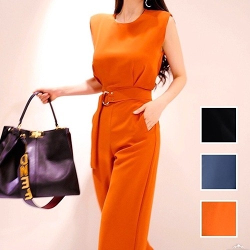 サロペットノーカラーウエストマークワイドパンツオフィスオールインワンサロペット