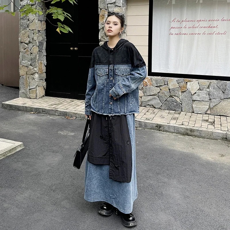 【J.Fashion】 2024秋新品 デニムジャケット パーカー デニムパーカー フード付き スカートも店で購入可能です メガ割30%制限