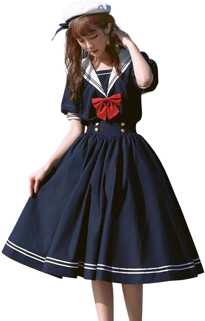 Lady Lazy ロリータ 半袖 ワンピース セーラー襟 ミモレ丈 スカート ロリ 衣装 撮影