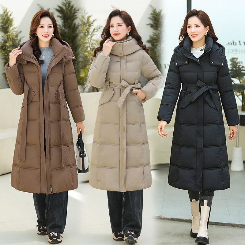 厚手のロング丈膝上ダウンコットンコート冬の新スタイルウエスト痩せコットンコート中年向けコットンジャケット