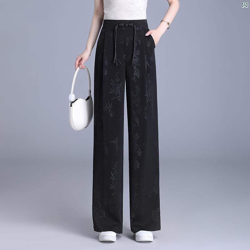 夏 レディース ワイド レッグ パンツ サテン ジャカード チャイナ 風 カジュアル 快適 ドレープ ハイウエスト スリム ストレート