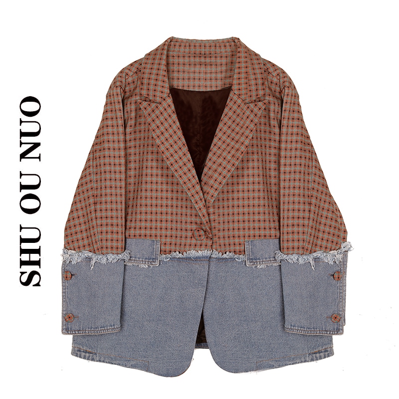 デニムステッチチェック柄長袖ジャケット スーツジャケット バイカラー ジャケット シングルブレスト モード系 a2548