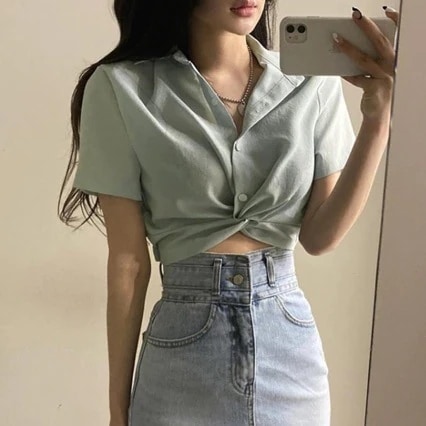 【1つ買うと10つ無料】女性のためのレトロポロカラーシャツ夏のキンクショートネーベルオープン シャツ