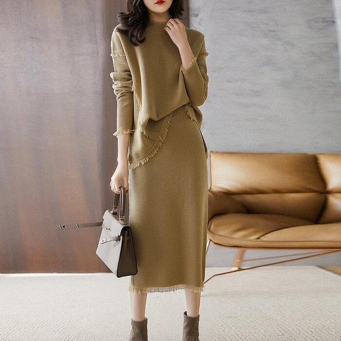 セットアップ 2点セット ニット トップス スカート 長袖 フリンジ フェミニン きれいめ カジュアル おしゃれ 大人 可愛い ミモレ丈 体型カバー ゆったり シンプル エレガント 大きいサイズ カー