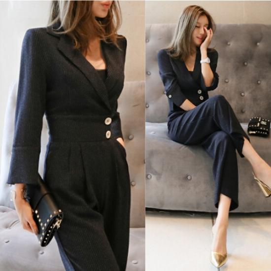 パーティードレス パンツ かっこいい 韓国 ドレス 個性的 プチプラ オールインワン ストライプ 黒 ブラック 美シルエット 長袖 ジャケット マニッシュ 大人 お呼ばれ パーティ 20代 30代 4